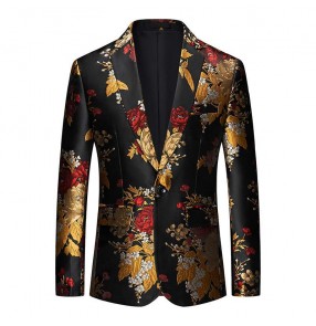 Gold black flowers jazz dance blazer for men youth birthday party dress suit floral jacquard nightclub host master of ceremonies jacket man